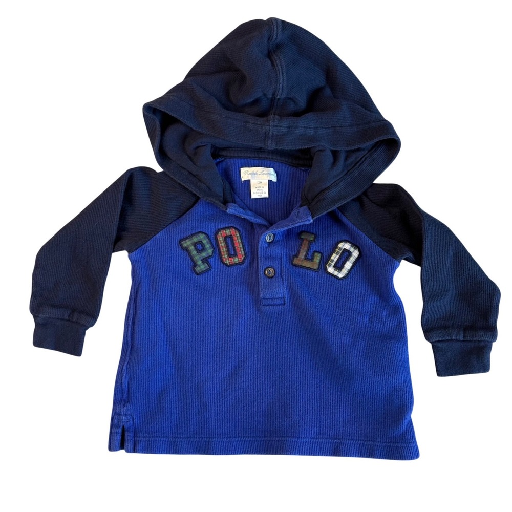 Ralph Lauren Baby Boy 12M Blue Waffle Knit Thermal Henley Hoodie Plaid Polo Logo